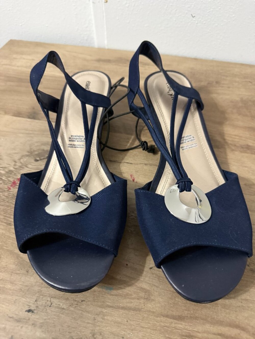 ✨ Sophisticated Navy Satin Ring Accent Low Wedge Sandals 11